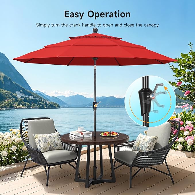 ONBRILL 10 FT Patio Umbrella, 3 Tier Outdoor Table Umbrella with 8 Sturdy Glass Fiber Ribs and Push Button Tilt, Outdoor Patio Umbrellas for Market Pool Garden Backyard, 1.5" Pole, Red (No Base)