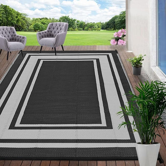 RURALITY Outdoor Rugs 6x9 Waterproof for Patios Clearance,Plastic Straw Mats for Backyard,Porch,Deck,Balcony,Reversible,Black and White