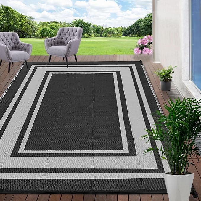 RURALITY Outdoor Rug 9x12 Waterproof for Patio Clearance,Large Plastic Straw Mat for Camping,Porch,RV,Reversible,Black and White
