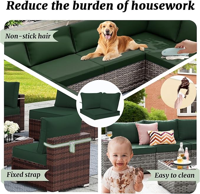 Outdoor Sectional Cushions Replacement Set, 26x26in Patio Furniture Cushions, 14 Pieces Waterproof Outdoor Couch Cushion for 6 Seat Wicker Conversation (Dark Green)