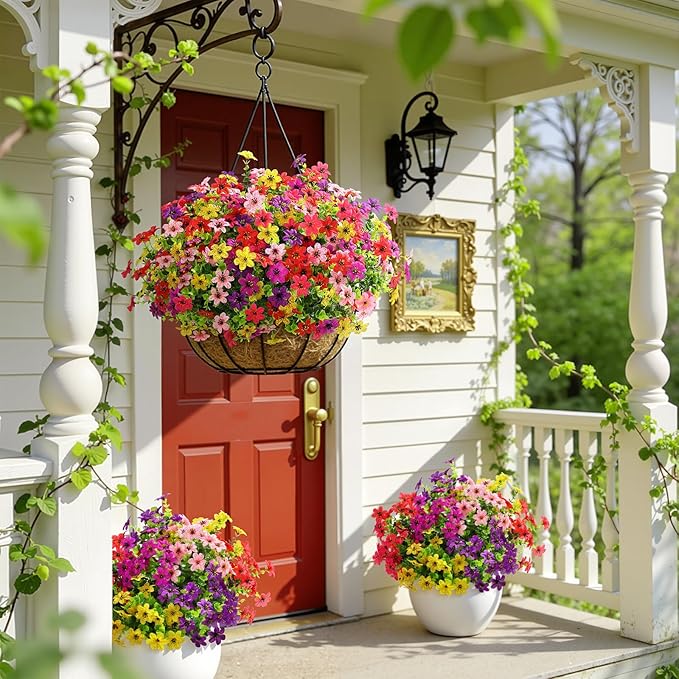 SHareconn 24 Bundles Artificial Flowers for Outdoors Spring Decoration, Fake Silk Realistic Faux Plants UV Resistant for Outside Planter Porch Patio Indoor Decor, RedRosePurpleYellowPinkDeeppurple