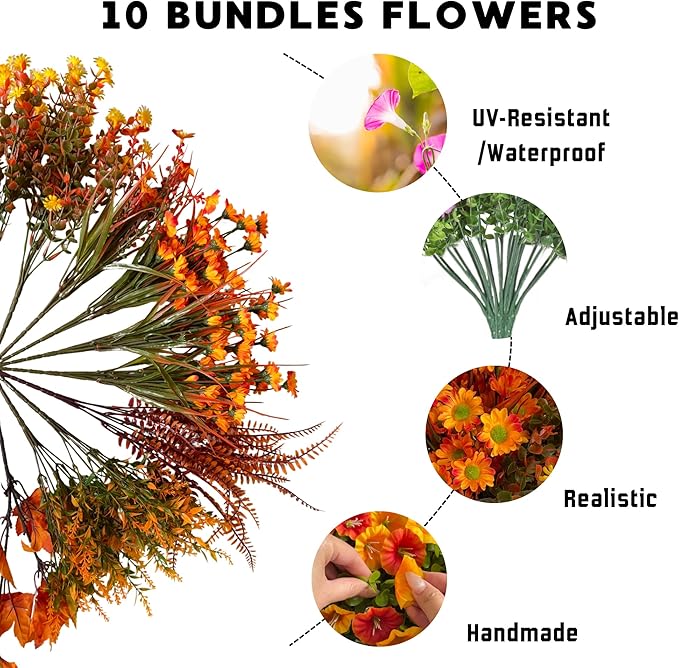 Fall Flowers Artificial for Thanksgiving Decoration, Artificial Mums for Outdoors, 10 Bundles Fake Fall Plants, Faux Mums for Outdoor Planters, Indoor Home Porch Decor (Early Harvest)