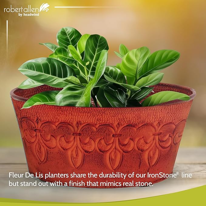 Headwind Ironlite Fleur De Lis Collection – 8" Cayenne Red Bowl Decorative Planter with Drain Plug – Lightweight Metal Garden Pots for Indoor & Outdoor Planters Use by Robert Allen