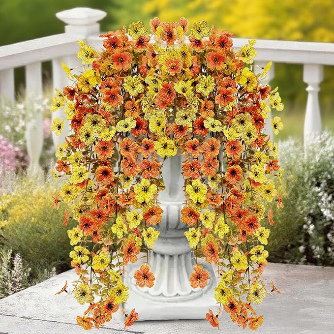 4 Pcs Outdoor Fall Decor, Artificial Mums For Outdoors, Fall Flowers Artificial For Decoration, Fake Mums Faux Mums For Outside Half Sphere, Fake Hanging Plants Plastic Flowers For Outdoors Home Porch