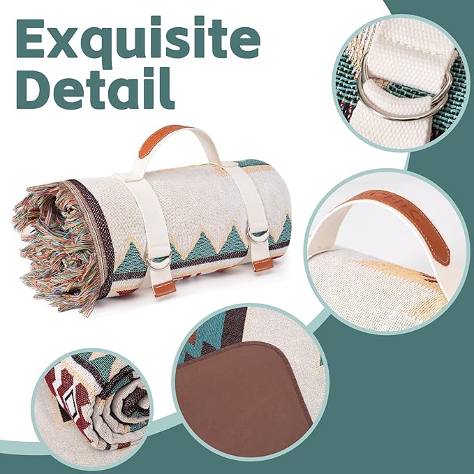 2 in 1 Extra Large Outdoor Picnic Blanket Camping Mat Lightweight Oversized Giant Turkish Boho Beach Mexican Serape Baja Cobijas Mexicanas para Mesa Park Stadium Outside Festival Grass Hammock