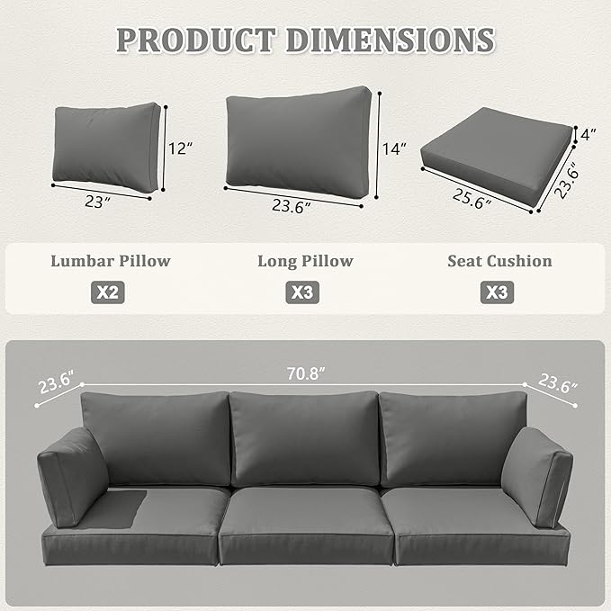8-Piece Outdoor Cushions for Patio Furniture Thick Outdoor Chair Cushions Resilient Foam Waterproof Deep Seat Cushion Replacement for 3-Seat Sectional Sets Liner&Cover Light Grey