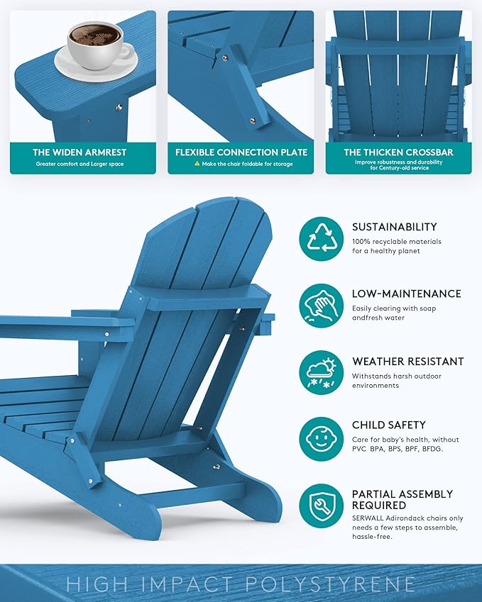 SERWALL Foldable Adirondack Chair Set of 2 for Patio Garden Outdoors Fire Pit Chairs-Navy Blue