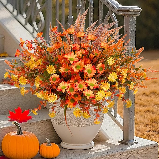 Fall Flowers Artificial for Thanksgiving Decoration, Artificial Mums for Outdoors, 20 Bundles Fake Fall Flowers Plants, Faux Mums for Outdoor Planters, Indoor Home Porch Decor (Early Harvest)