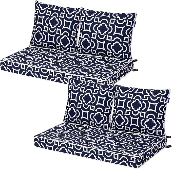 Outdoor Loveseat Cushion Set 44''x24'', Outdoor Cushions for Patio Furniture with Fastness Cover, Water Repellent Outdoor Seat Cushion and Couch Back Cushions for Bench, Swing (Blue Geometry, 2 Sets)