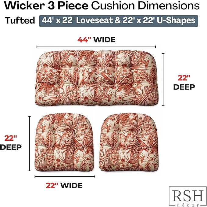 RSH DECOR: 3-Piece Wicker Tufted Cushion Set | 44" x 22" Loveseat & 22" x 22" U-Shapes | Outdoor Replacement Cushions | Water & Fade-Resistant Spun Fabric | Made in USA (Wilshire Mesa)