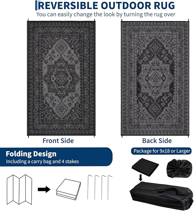 COZYLOOM Outdoor Patio Rug 9x18 Waterproof Reversible Plastic Straw Mat, Large Indoor Outdoor Rugs Vintage Medallion Area Rug for Deck, Balcony, Pool, Camping, Beach, Picnic, Porch, RV