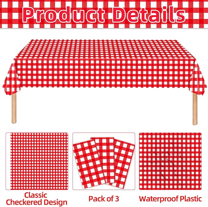3 Pieces Red and White Checkered Plastic Tablecloth – 54x108 Inch Disposable Rectangle Gingham Table Covers for Picnic, BBQ, Summer Party, Italian Theme, Rustic Wedding and Outdoor Birthday Decoration