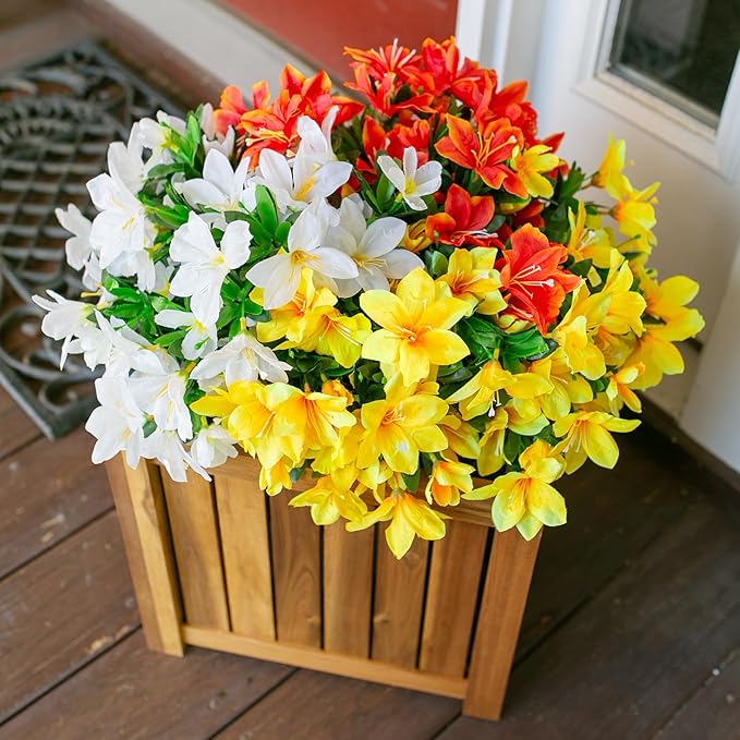 INSPRING Artificial Flowers for Outdoors, 3 Bundles Fake Silk Azalea Flower Faux Plants Outside Decoration UV Resistant Realistic Spring Outdoor Flowers for Planter Porch Patio Garden Walkways Home