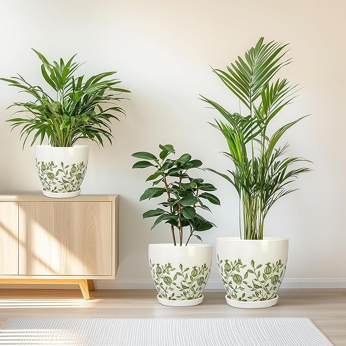 Ceramic Flower Pots Indoor - 10+8+6 Inch Ceramic Planters for Outdoor Plants, Boho Round Planter Pots with Drainage Holes and Saucers, Plant Lover Gifts, Patio Decor, Set of 3, White