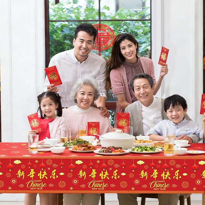 3 Pieces Chinese New Year Tablecloth - 54 x108 Inches Disposable Red Plastic Table Cover with Lanterns and Fireworks for Lunar New Year Party Supplies, Spring Festival Table Cloth Decorations