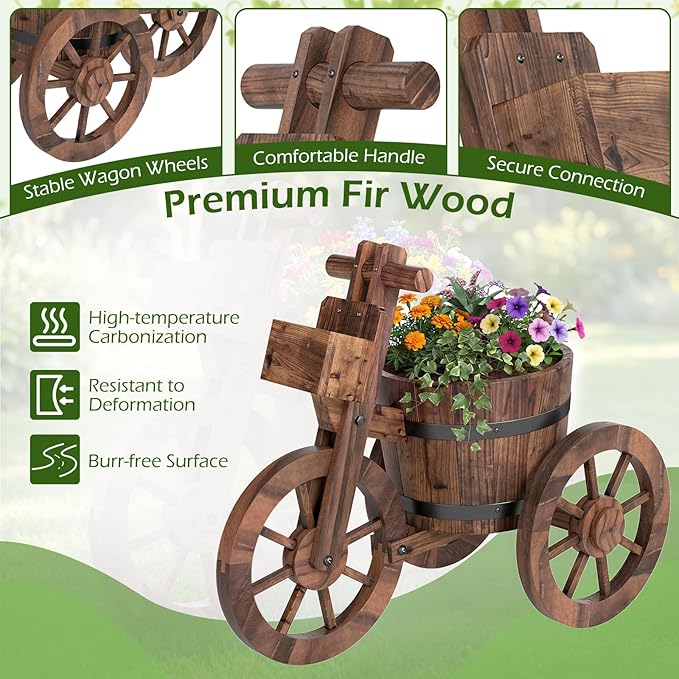 Giantex Wooden Wagon Planter with Wheels, Rustic Wood Plant Stand with Drainage Hole for Flowers Herbs Vegetables, Indoor Outdoor Decorative Garden Flower Cart for Patio Backyard Balcony (2)