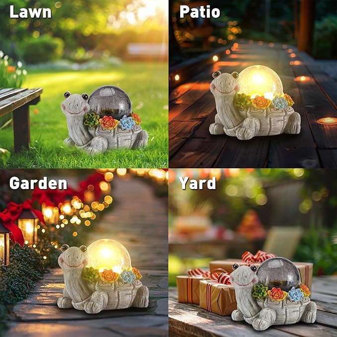 Solar Turtle Garden Statue Lights for Outdoor Decor with Cracked Glass LED Figurine Lighting Resin Succulent Tortoise Decorations Patio Lawn Yard Housewarming Mom Gifts (Grey, Large)