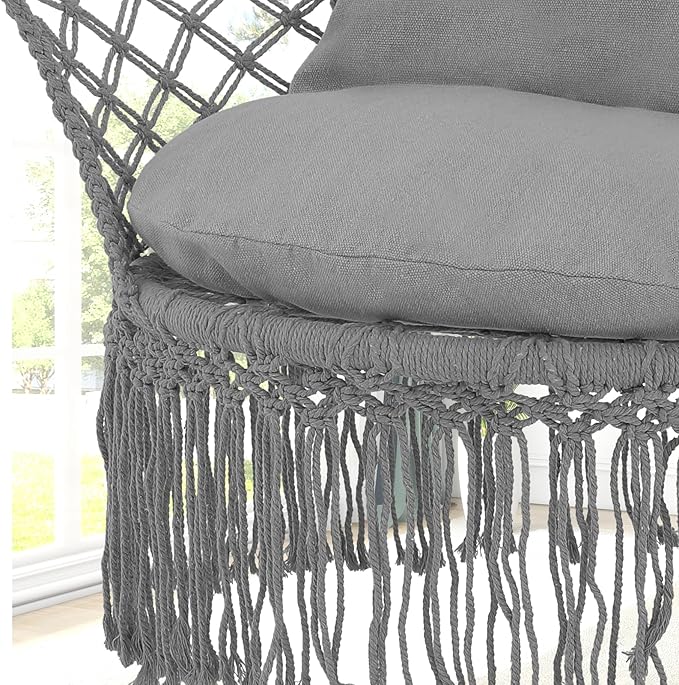 Athena Collection Hammock Swing Chair with Cushion, Outdoor Macrame Chair with Mounting Hardware, Max 350 Lbs, Large Cotton Rope Hanging Chair for Outdoor Indoor Porch Garden, Gray