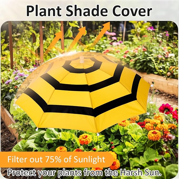 4 Pack Plant Umbrellas for Outdoor Plants, Upgraded Joints-enhanced Wind Resistance, Adjustable Height, Large Garden Umbrella Shade for Potted Plants Bed Flower Pot(Bee)