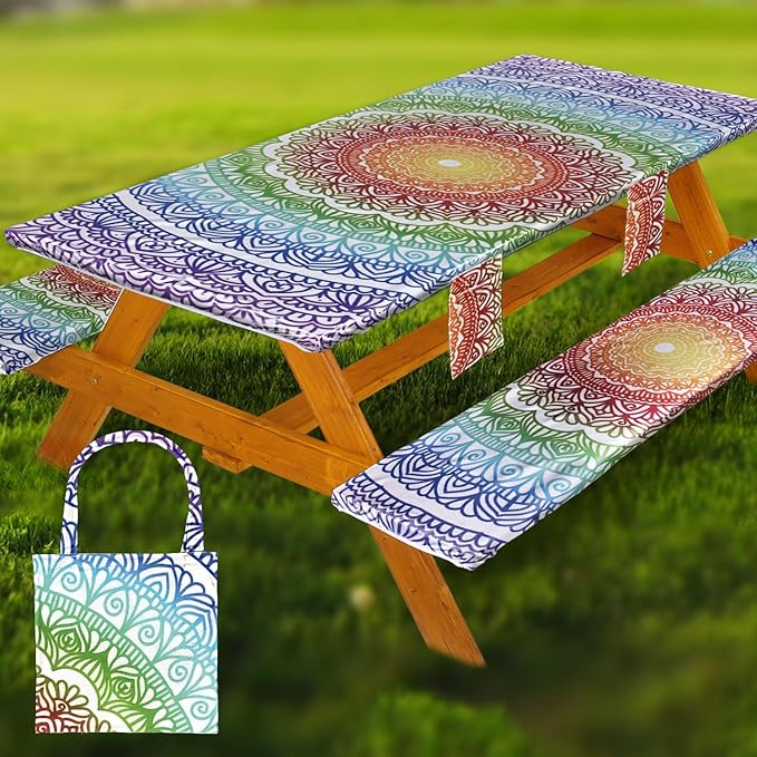 Picnic Table Cover with Bench Covers Vinyl Elastic Edges Fitted Rectangle Seat Tables Waterproof 3-Piece72X30in Set Outdoor Rectangular Folding Backing Tablecloth for Camping Over Size