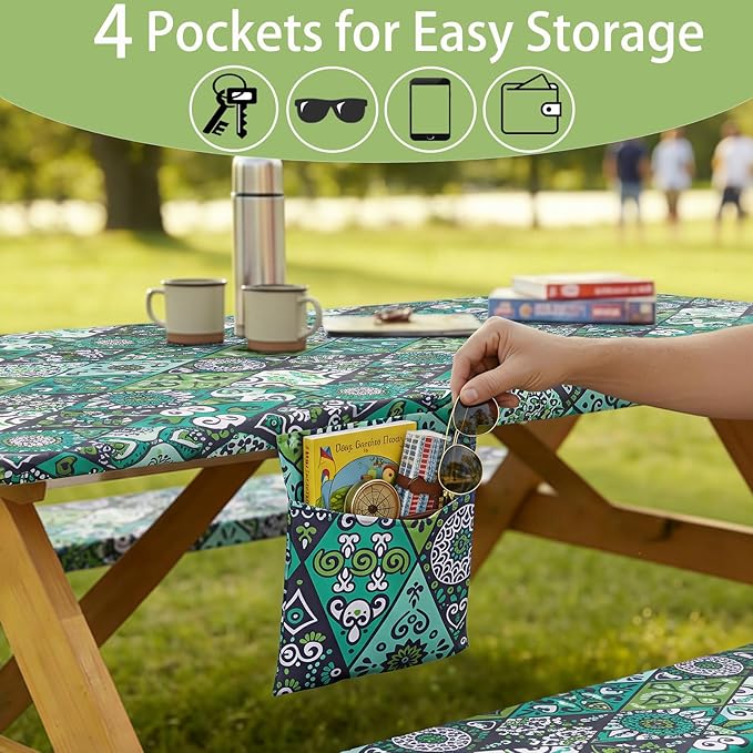 Fitted Waterproof Picnic Table Cover with Bench Covers Elastic 72×30In 3 Piece Camping Table Cloth for 6Ft Rectangle Tables Outdoor Camper Gifts Supplies Patio Rv Traveling Hiking Must Haves