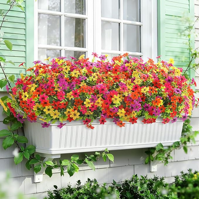 SHareconn 24 Bundles Artificial Flowers for Outdoors Spring Decoration, Fake Silk Realistic Faux Plants UV Resistant for Outside Planter Porch Patio Summer Indoor Decor, RedRosePurpleYellowOrange