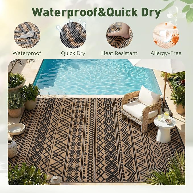 MontVoo Outdoor Rug Carpet Waterproof 6x9 Outdoor Patio Rug Mat Reverisble Plastic Straw Outdoor Rug for RV Camping Picnic Beach Balcony Boho Black Brown