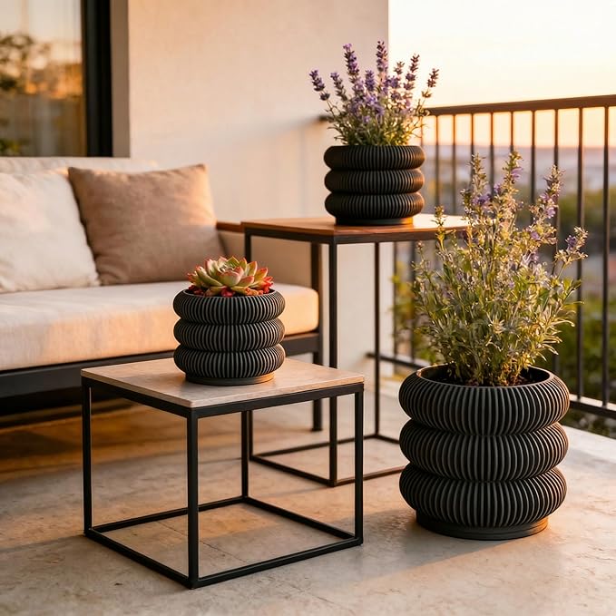Fabix 4.7/6/8" 3D Printed Plant Pots - Unique Bubble Ring Modern Planters for Indoor Plants, Durableo-Friendly PLA Flower Pots with Drainage for Succulents, Cactus, Home Office Décor. (Black)