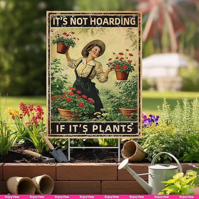 Funny Garden Sign with H Stake " IT'S NOT HOARDING IF IT'S PLANTS" 18"x24" Large Vintage Sign for Outside Greenhouse Corrugated Plast Yard Decor Gardening Gifts for Women