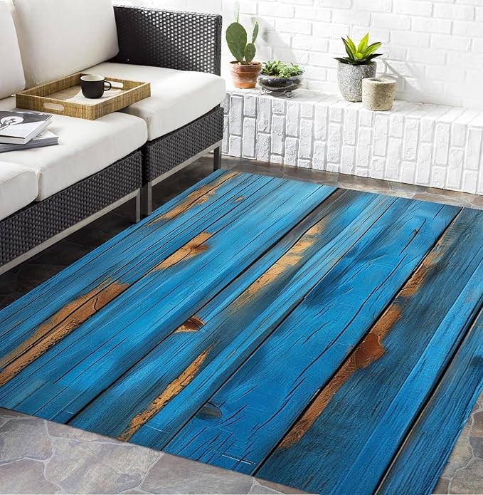 Retro Blue Woodern Board Printed 4x6 Outdoor Rugs for Patio Deck Backyard Porch Garden Modern Natural Rustic Wood Grain Non Slip Thin Indoor Outdoor Area Rug Floor Carpet Waterproof Camping Mats