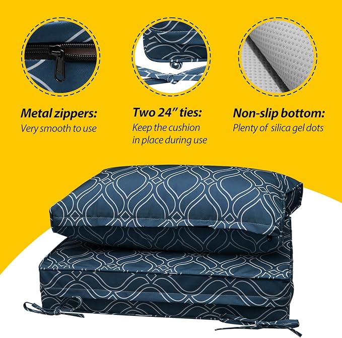 AAAAAcessories Outdoor Seat Cushions for Chairs, Fade-Resistant, Waterproof Patio Furniture Replacement Cushions, 25.5" x 25.5" x 5" + 25.5" x 13.5", Set of 2, Slate Blue Vine Trellis
