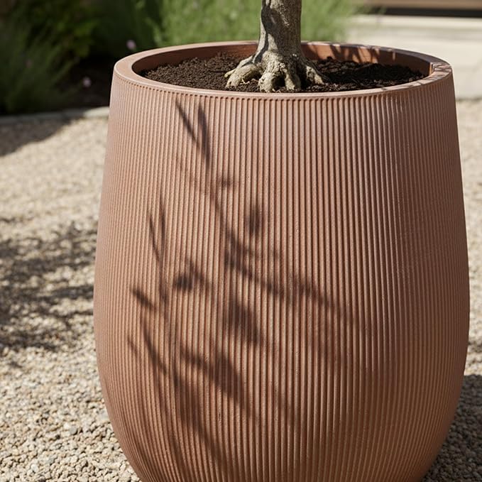 Planters for Indoor Plants, 18.7 inch Large Plant Pots for Indoor & Outdoor Use, Magnesium Oxide Ribbed Round Planter with Drainage Hole and Rubber Plug, Garden Decorative