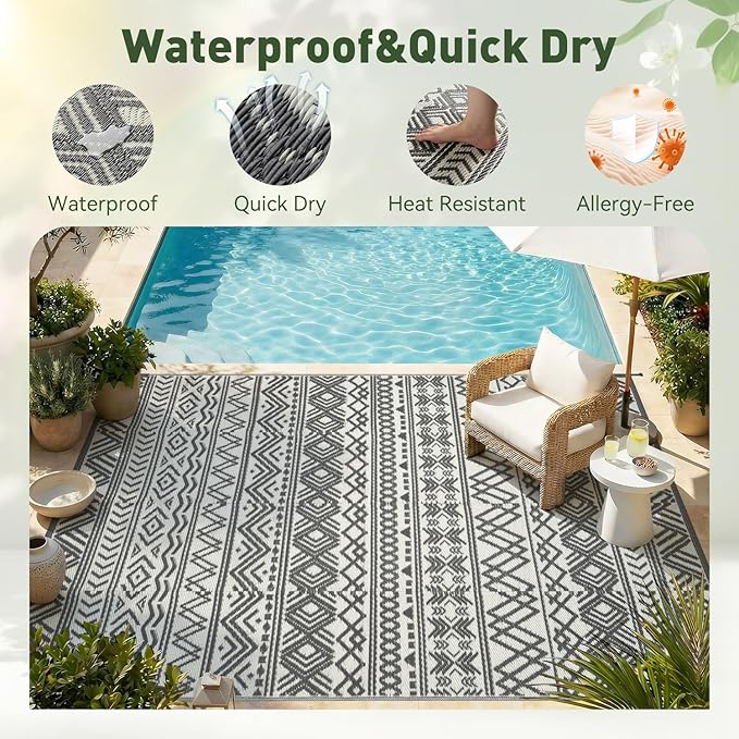 MontVoo Outdoor Rug Carpet Waterproof 9x12 Outdoor Patio Rug Mat Reverisble Plastic Straw Outdoor Rug for RV Camping Picnic Beach Balcony Boho Grey Large