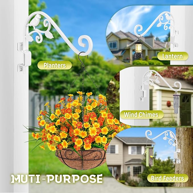 Outdoor Plant Hangers, 2 Pack 15.15 inch Swivel Plant Hooks for Wall Sturdy Wrought Iron Plant Hangers Outdoor, Hanging Plant Bracket Heavy Duty for Bird Feeders, Planters, Lanterns, Wind Chime,White