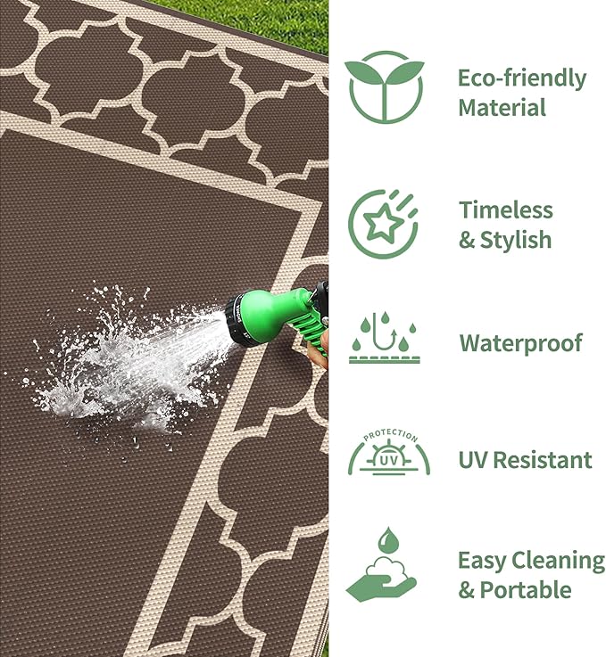 GENIMO 4 ' x 6 ' Outdoor Rug for Patio Clearance, Waterproof Indoor Outdoor Plastic Straw Rugs Carpet, Reversible Outside Area Rv Mat for Camping, Balcony Porch, Deck, Picnic, Beach (Coffee & Beige)