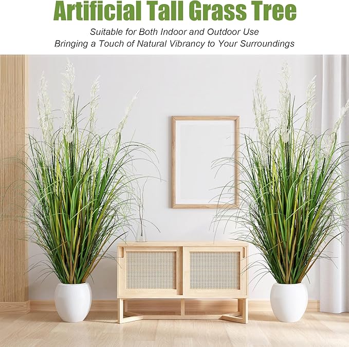 4 Pcs Tall Artificial Grass Plant 4 ft Large Fake Pampas Outdoor Faux Floor Plant in Pot UV Resistant for Housewarming Gift Front Porch Patio Garden