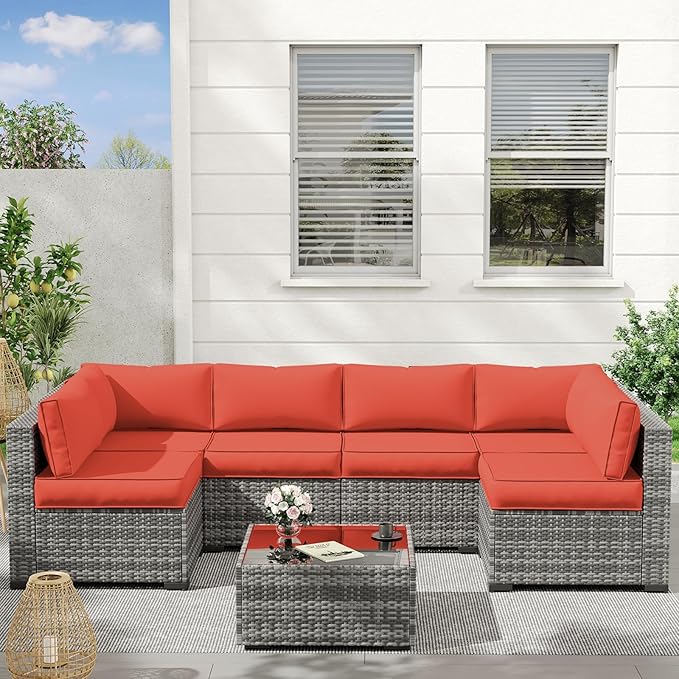 UDPATIO Replacement Cushions for Outdoor Furniture, 14 Piece Water-Repellent Cushions for 6 Seat Sectional Sofa, Orange Red