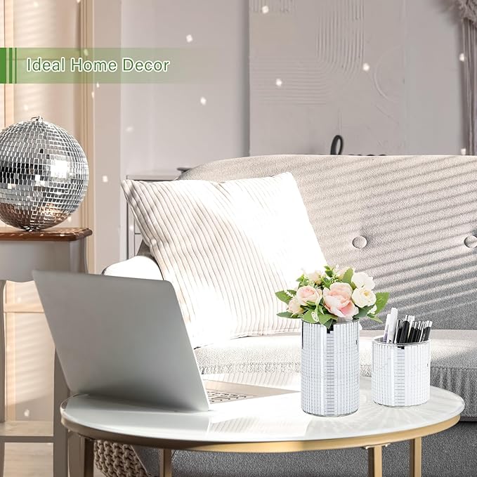 Hushee 6 Pcs 6 Pcs Disco Ball Vase Disco Planter Cylinder Glass Vase Mirror Tiles Modern Planter Pot Candle Holder for Wedding Centerpieces Birthday Party Gift Bedroom Decoration (6'')