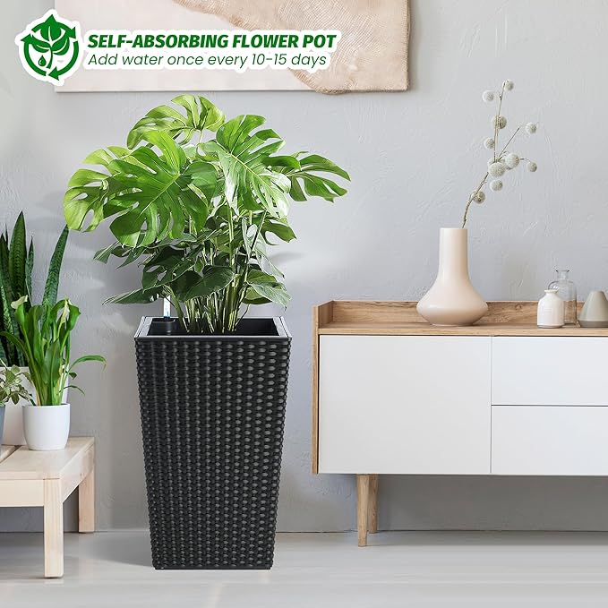16 Inch Tall Planter Set of 2 Large Rattan Flower Pot with 2 Trays & a Water Level Monitor & Wheels Outdoor and Indoor for Patio, Porch, Living Room, or Home Office, Black