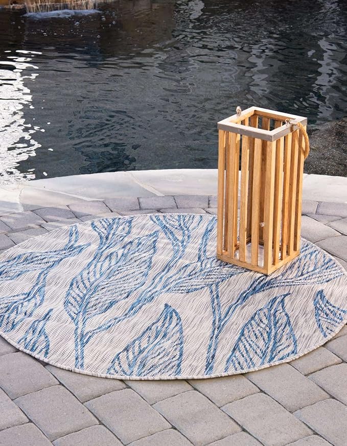 Unique Loom Outdoor Botanical Collection Area Rug - Leaf (13' Round, Light Gray/ Ivory)