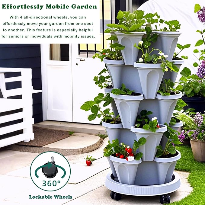 7 Tiered Strawberry Planters 2 Pack, Vertical Stackable Planter, Herb Stacking Tower Garden, Flower and Vegetable Planters with Support Pole Indoor & Outdoor with Removable Wheels Dark Grey