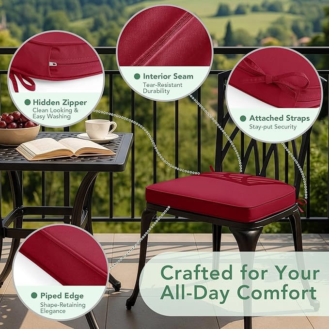 Outdoor Chair Cushions Set of 4: Waterproof & Fade Resistant Patio Furniture Cushions - 19 x 19 x 2 Inch Non Slip Round Corner Seat Cushion Pads with Removable Cover for Garden Yard Lawn, Burgundy