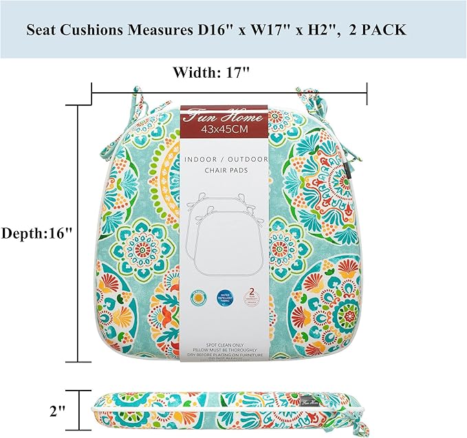 FUNHOME Outdoor Chair Cushions Set of 2, Water-Repellent Patio Seat Cushions D16xW17 Inch, Round Corner Patio Chair Pads with Tie, Seat Cushions for Furniture Garden Office Decoration, Cyan Circle
