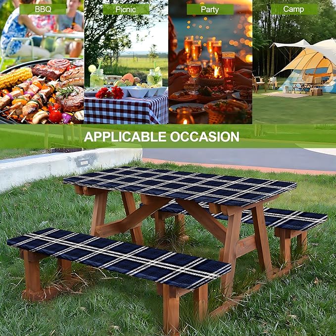 Picnic Table Cover with Bench Covers Set of 3 - Classic Checkered Navy Blue Plaid Tablecloth, Elastic Fitted for 6 Ft Tables, Washable Polyester Cover for Camping, Indoor & Outdoor