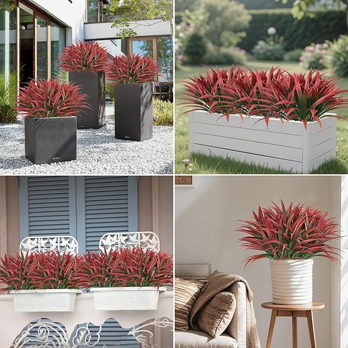 Ouddy Decor 20 Pcs Fake Outdoor Plants Artificial Grass Greenery Stems Faux Plastic Plants UV Resistant for Spring Summer Indoor Outside Garden Hanging Planter Porch Patio Window Box Home Decor, Red ﻿