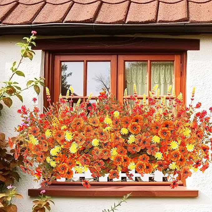 16 Bundles Fall Artificial Flowers for Outdoor, No Fade Faux Autumn Plants with Daisy Camellia Eucalyptus Lavender Stems for Front Door Porch Patio Yard Balcony Autumn Decor Thanksgiving Table