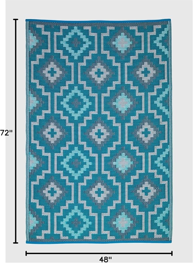Fab Habitat Outdoor Rug - Waterproof, Fade Resistant, Crease-Free, Reversible - Premium Recycled Plastic - Vintage Boho Kilim - Patio, Deck, Porch, Balcony, Laundry Room - Lhasa - Teal - 4 x 6 ft
