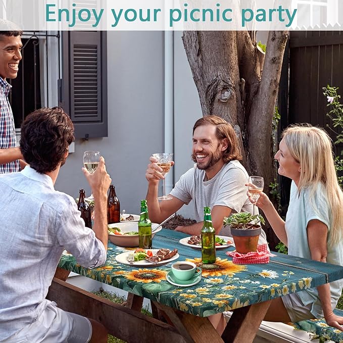 Picnic Table Cover with Bench Covers, Waterproof Elastic Fitted Tablecloths for 6 Foot Rectangle Tables, Outdoor Washable Sunflower Wooden Tablecloth for Camping 30X60in