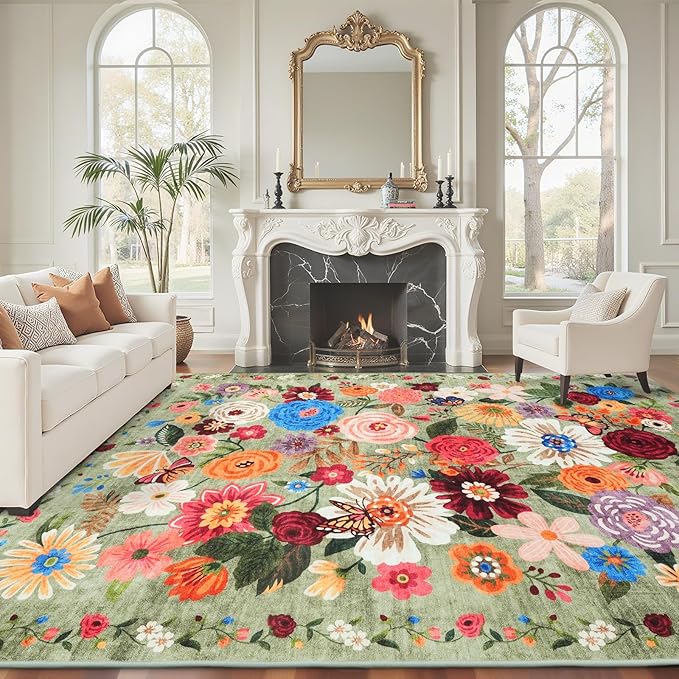Green Living Room Rugs, Area Rugs 5x8 Rug for Bedroom Ultra-Thin Soft, Non-Slip Washable Rugs Stain Resistant Boho Rug Low-Pile Throw Rug for ‎Dining Room Office (5 x 8, Green Garden)