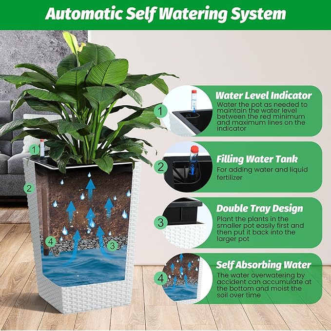 16 Inch Tall Planter Set of 2 Large Rattan Flower Pot with 2 Trays & a Water Level Monitor & Wheels Outdoor and Indoor for Patio, Porch, Living Room, or Home Office, White